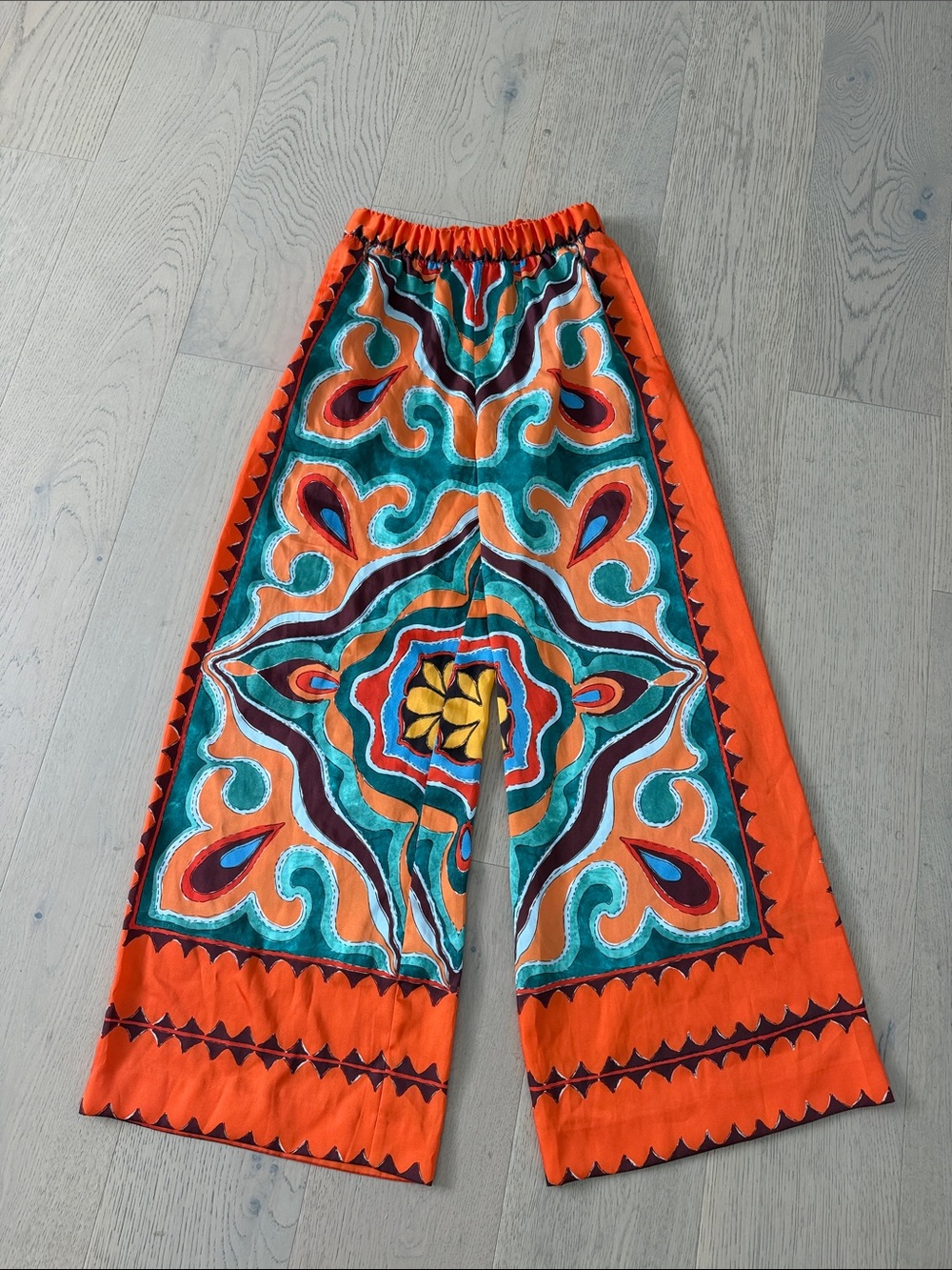 Zara Orange & Teal Embroidered Wide-Leg Pants